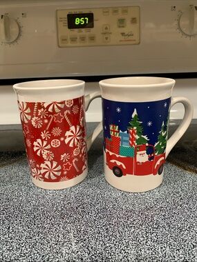 Festive Holiday Ceramic Mug Pair - Red and Blue